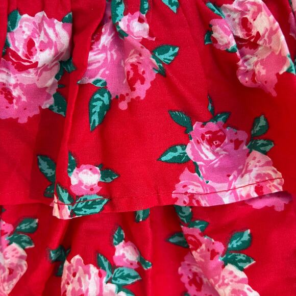 Betsey Johnson Denim Overall Dress 2T Floral Jumper Ruffle Skirt Red Rose Print - Picture 14 of 16